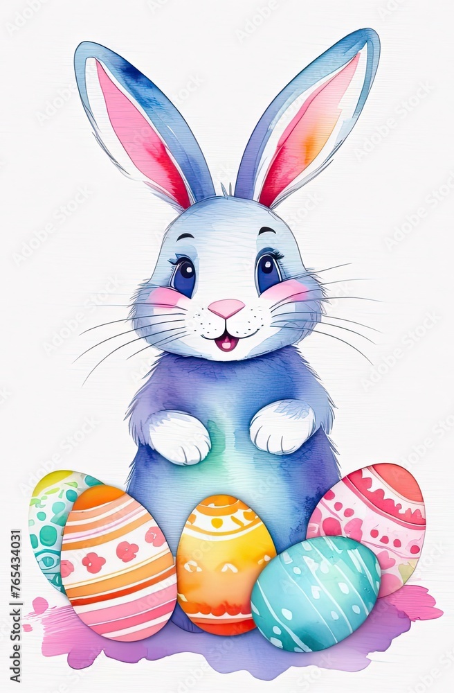 A cute watercolour Easter bunny with a basket of eggs and spring flowers is an illustration of a children character on a white background, a traditional holiday card. 