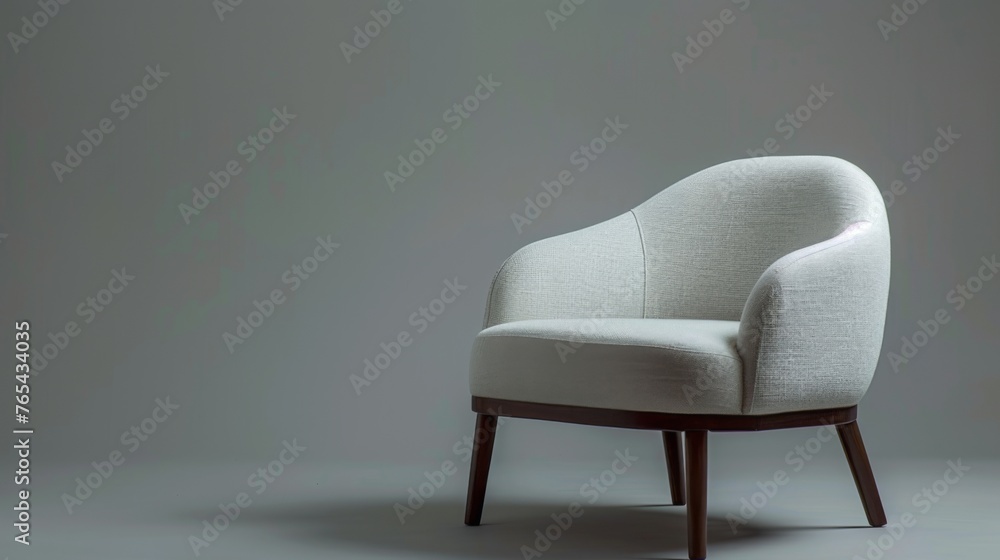 Stylish designer white armchair showcased against a backdrop of subtle grey. Upholstered seating furniture Stylish designer white armchair showcased against a backdrop of subtle grey. Upholstered seating furniture