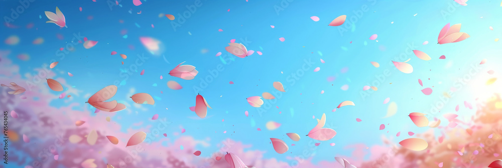  pink blossoms falling from the sky on blue sky background, pink cherry blossoms wallpaper banner, empty space background