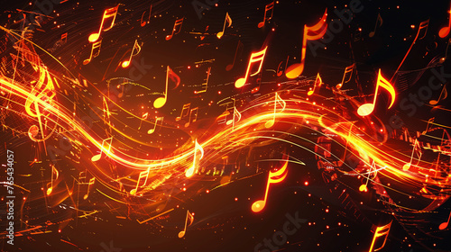 The abstract background pulsates with a lively arrangement of music notes.