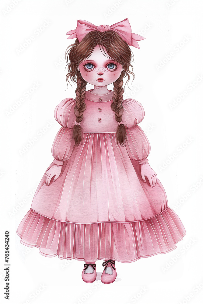 little girl wearing pink party dress with bows watercolor illustration isolated on white plain background little girl wearing pink party dress with bows watercolor illustration isolated on white plain background