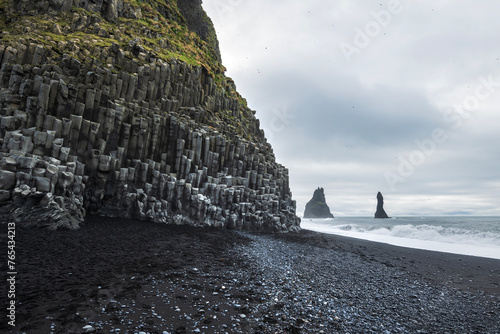 Famous basalt rocks at reynisfjara beach, black sand beach in iceland