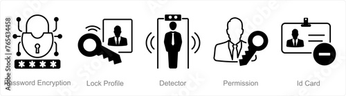 A set of 5 security icons as password encryption, lock profile, detector