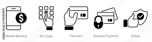 A set of 5 security icons as mobile banking, pin code, payment