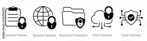 A set of 5 security icons as security policies, secured network, document protection