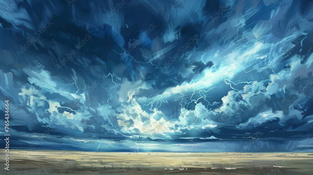 The image showcases a vast plains landscape under a tumultuous sky with striking lightning bolts The mood is intense, with a dynamic juxtaposition between the serene plains and the violent weather ab