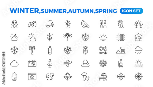 Spring, summer, autumn, and winter icon set. Weather icons. Weather forecast icon set. Clouds logo. Weather, clouds, sunny day, moon, snowflakes, wind, sun day. Outline icon collection.