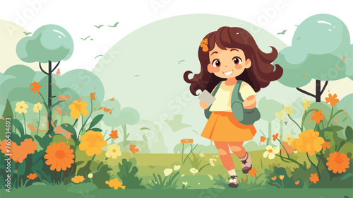 A cute girl in garden flat vector