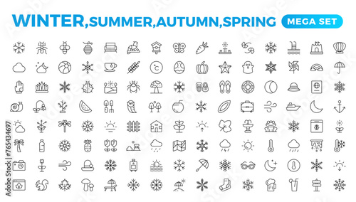 Spring, summer, autumn, and winter icon set. Weather icons. Weather forecast icon set. Clouds logo. Weather, clouds, sunny day, moon, snowflakes, wind, sun day. Outline icon collection.