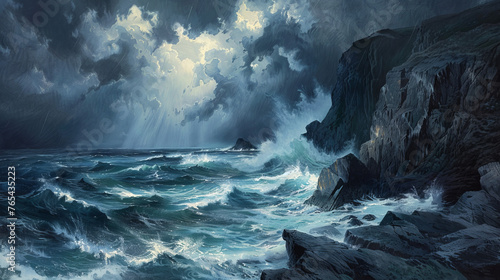 An evocative image of tumultuous ocean waves crashing into mighty cliffs under a dramatic sky, conjuring a sense of solitude and power