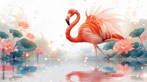 A pink flamingo is walking through a pond with pink flowers. The image has a serene and peaceful mood, with the flamingo being the focal point of the scene © AW AI ART