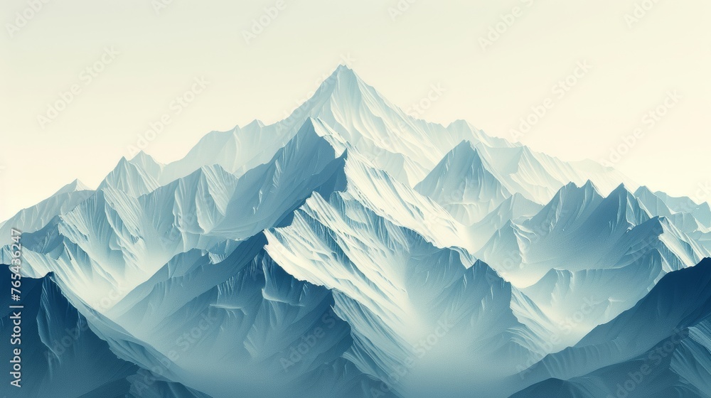 The mountains are covered in snow and the sky is clear. Concept of peace and tranquility, as the vast expanse of mountains and sky create a serene and majestic atmosphere