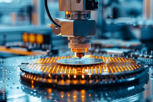 Closeup of a robotic arm in a semiconductor facility moving a silicon wafer with precision and speed. Concept Robotics, Semiconductor Industry, Precision Engineering, Automation Technology photo