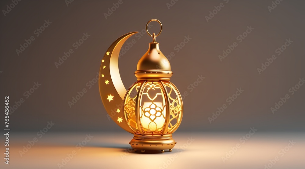 3D Render of a Golden Ramadan Lamp and Crescent Moon
3D Render of a Golden Ramadan Lamp and Crescent Moon