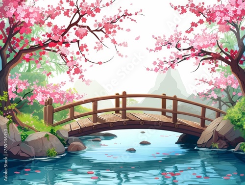 A bridge spans a river with a beautiful pink cherry blossom tree in the background. The scene is serene and peaceful, with the water reflecting the pink blossoms