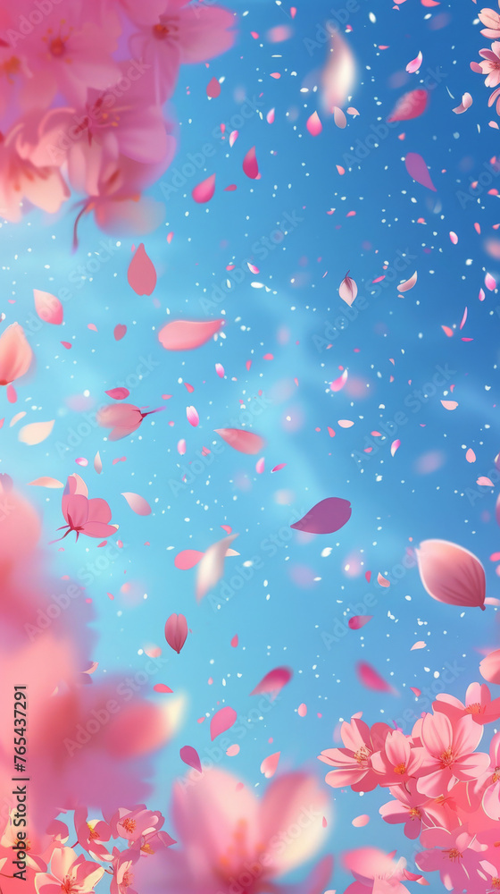 pink blossoms falling from the sky on blue sky background, pink cherry blossoms wallpaper banner, empty space background
pink blossoms falling from the sky on blue sky background, pink cherry blossoms wallpaper banner, empty space background