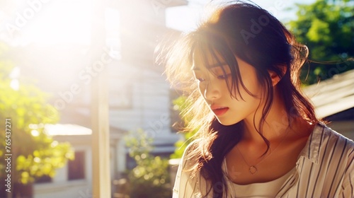 熱中症、日射病、夏の日差しとつらそうな日本人女性 photo