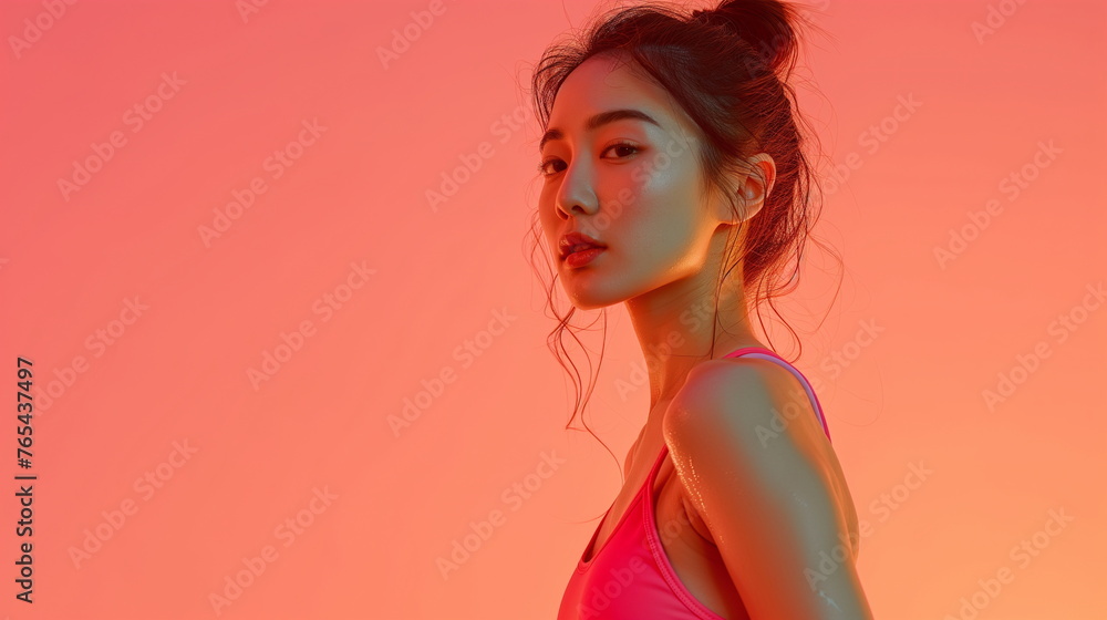 Korean female fitness model wearing a tank top. Stand sideways and look at the camera. The light reflects on the face. Red studio background. Asian girl model. Face close-up. Copy space.Generative AI Korean female fitness model wearing a tank top. Stand sideways and look at the camera. The light reflects on the face. Red studio background. Asian girl model. Face close-up. Copy space.Generative AI