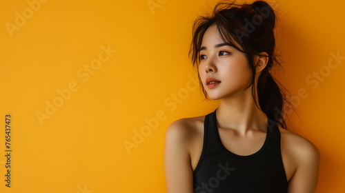 Korean female fitness model wearing a tank top. Close-up of the side profile of the face. Yellow studio background. An Asian girl model with oriental beauty. Copy space. Generative AI