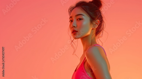 Korean female fitness model wearing a tank top. Stand sideways and look at the camera. The light reflects on the face. Red studio background. Asian girl model. Face close-up. Copy space.Generative AI