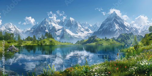 A panoramic view of the Swiss Alps with snowcapped peaks, reflecting in an emerald lake surrounded by wildflowers and lush green meadows under a clear blue sky