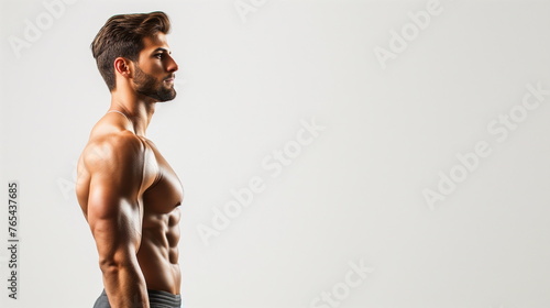 A muscular male fitness model showing off his defined abs and beard stands shirtless and poses showing his profile. Male bodybuilder athlete, fitness model, copy space, white studio. Generative AI photo