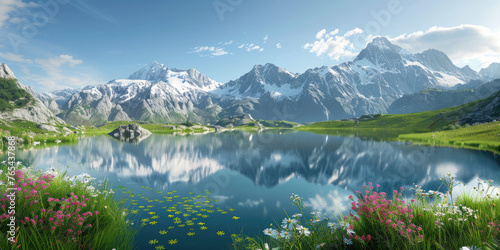 A panoramic view of the Swiss Alps with snowcapped peaks  reflecting in an emerald lake surrounded by wildflowers and lush green meadows under a clear blue sky