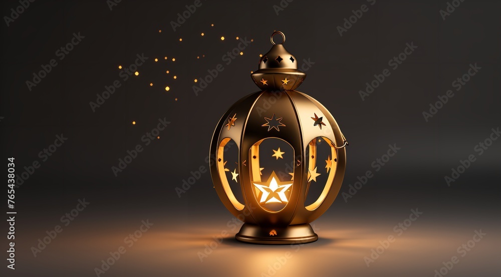 3D Rendering of a Golden Lantern with a Crescent Moon Symbol

