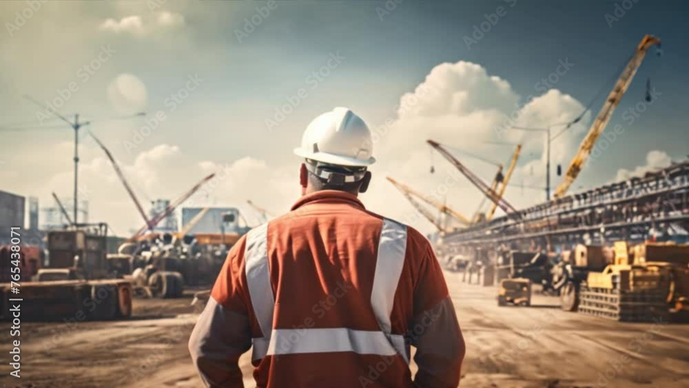 View from behind, A civil engineer stands looking at the construction site. Skilled workers at construction sites View from behind, A civil engineer stands looking at the construction site. Skilled workers at construction sites