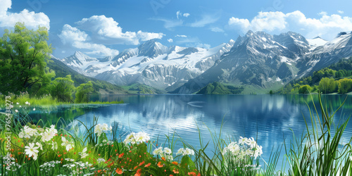 A panoramic view of the Swiss Alps with snowcapped peaks, reflecting in an emerald lake surrounded by wildflowers and lush green meadows under a clear blue sky