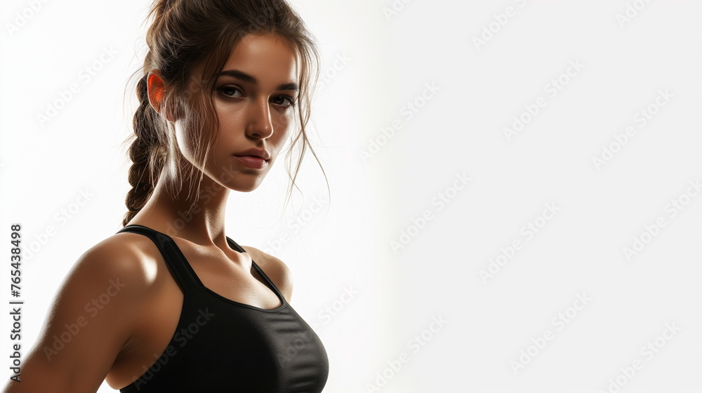 Young, beautiful female fitness model wearing a tank top, standing sideways and looking at the camera. Sexy and glamorous female athlete, sportswear model. White studio. copy space. Generative AI Young, beautiful female fitness model wearing a tank top, standing sideways and looking at the camera. Sexy and glamorous female athlete, sportswear model. White studio. copy space. Generative AI