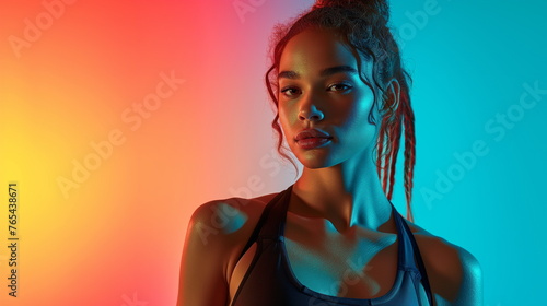 African-American female fitness model wearing a tank top. Look camera. Dark studio background with colorful lighting lights. Light reflected on the face. Young and sexy girl model. Generative AI