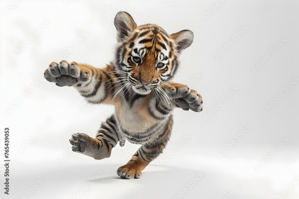Obraz premium Levitating Baby Tiger Cub in Dynamic Studio Lighting Against White Background