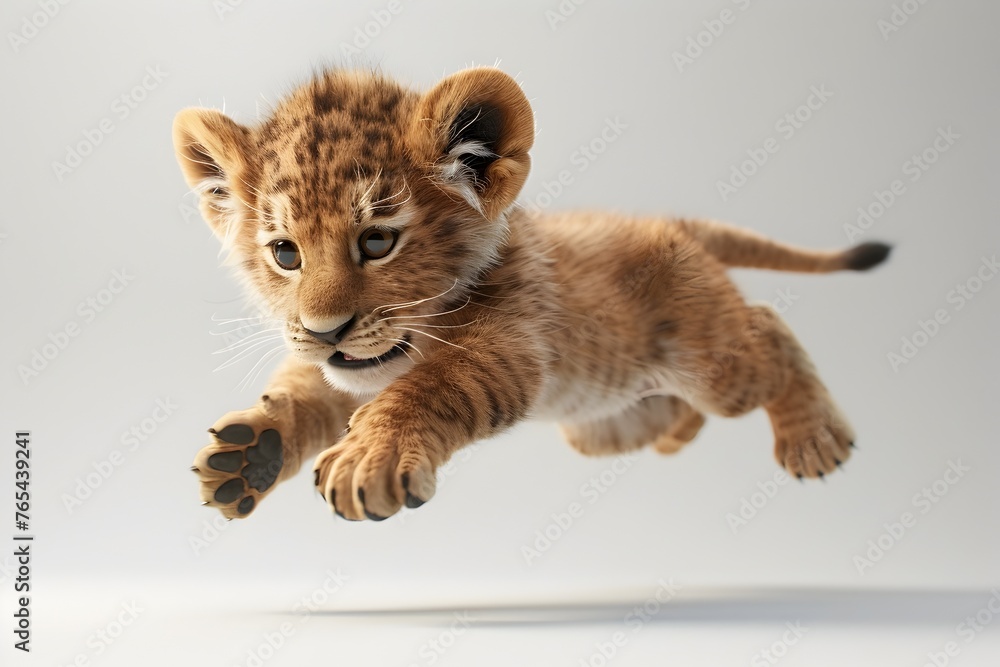 Obraz premium 3D Digital Render of Levitating Baby Lion Cub in Studio Lighting against Plain White Background