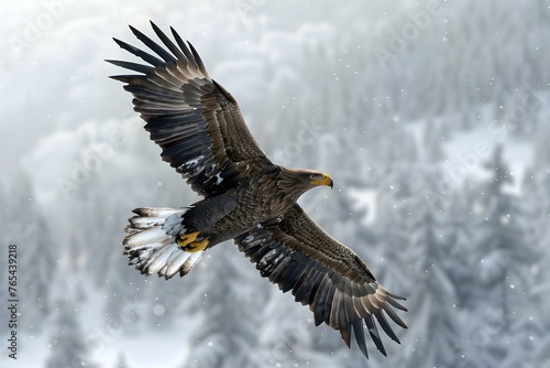 3D Digital Render of Majestic Bald Eagle Soaring Through Snowy Winter Wilderness Backdrop