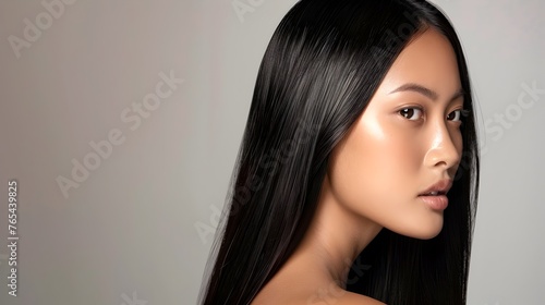 Luxurious Black Hair Flowing Gracefully Young Asian Model Highlights Hair Care Results