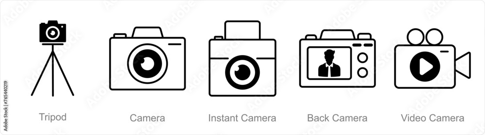 A set of 5 Photography icons as tripod, camera, instant camera A set of 5 Photography icons as tripod, camera, instant camera