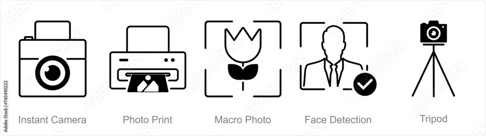 A set of 5 Photography icons as instant camera, photo print, macro photo A set of 5 Photography icons as instant camera, photo print, macro photo