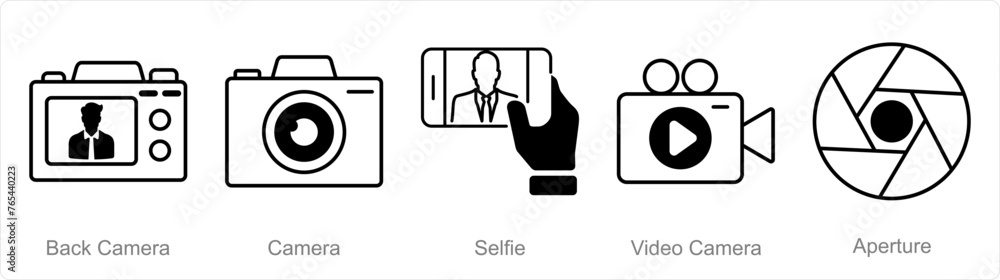 A set of 5 Photography icons as back camera, camera, selfie A set of 5 Photography icons as back camera, camera, selfie