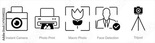 A set of 5 Photography icons as instant camera, photo print, macro photo
