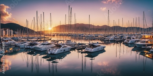 Tranquil Marina at SunsetDescription: A row of sailboats and motorboats are docked at a calm marina at sunset, casting long shadows on the water. The sky is ablaze with orange, pink, and purple hues