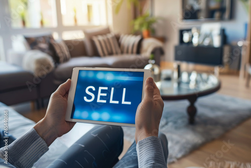 Sell stocks online concept image with a person holding a tablet with word Sell on screen representing an investor wanting to sell stocks from home photo