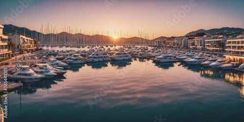 Marina at Sunset. A row of sailboats and motorboats are docked at a calm marina at sunset, casting long shadows on the water.