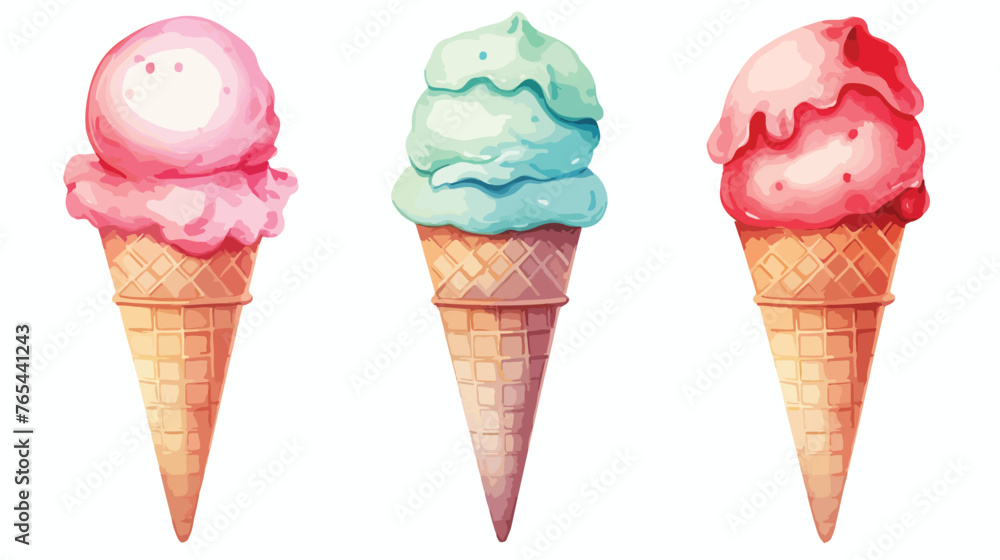  Ice Cream Watercolor Flat vector isolated on white background