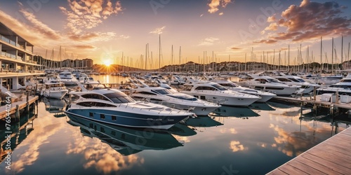 Tranquil Marina at SunsetDescription: A row of sailboats and motorboats are docked at a calm marina at sunset, casting long shadows on the water. The sky is ablaze with orange, pink, and purple hues
