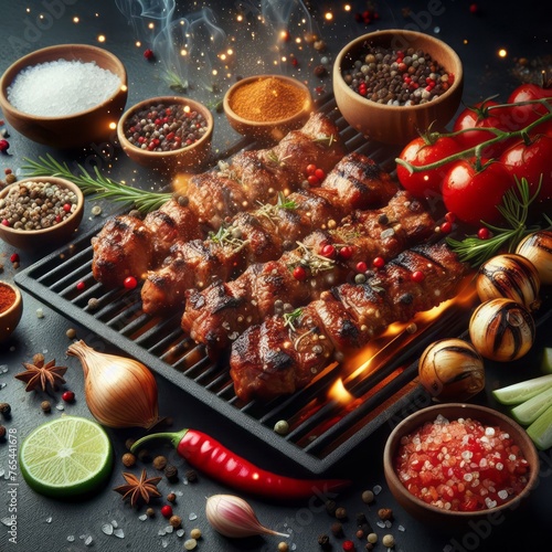 Pile of skewers with pork, chicken, beef meat on BBQ grill with spices and ingredients surrounding
