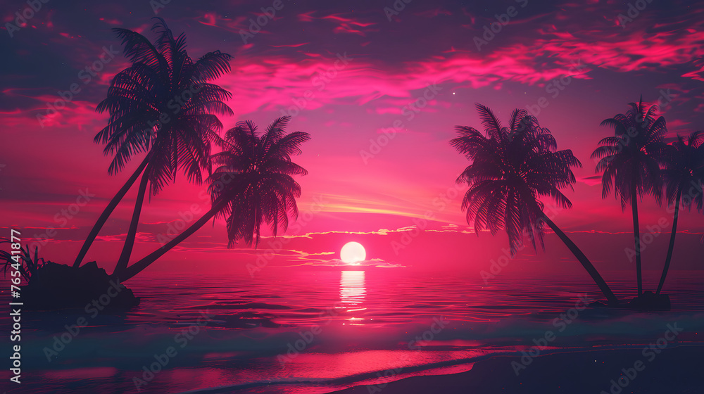 Tropical Tranquility: Gradient Sunset with Palm Tree Silhouettes