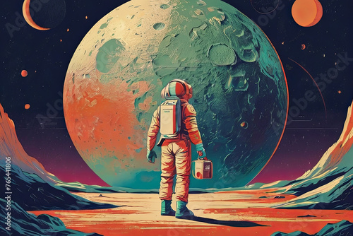 Vintage risograph travel poster depicting a futuristic vacation on the moon. Retro-futuristic concept. Stylized and imaginative design.