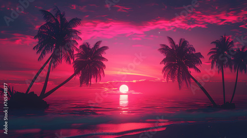Tropical Tranquility: Gradient Sunset with Palm Tree Silhouettes © maikuto
