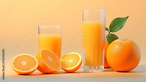 a group of oranges next to a glass of juice